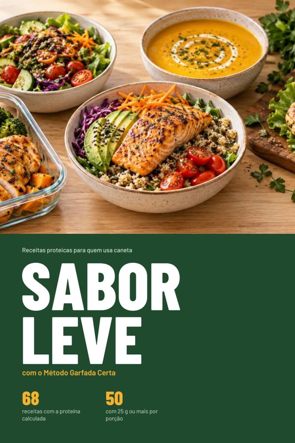Capa do e-book Sabor Leve, com pratos de frango, salmão, sopa e salada sobre uma mesa de madeira
