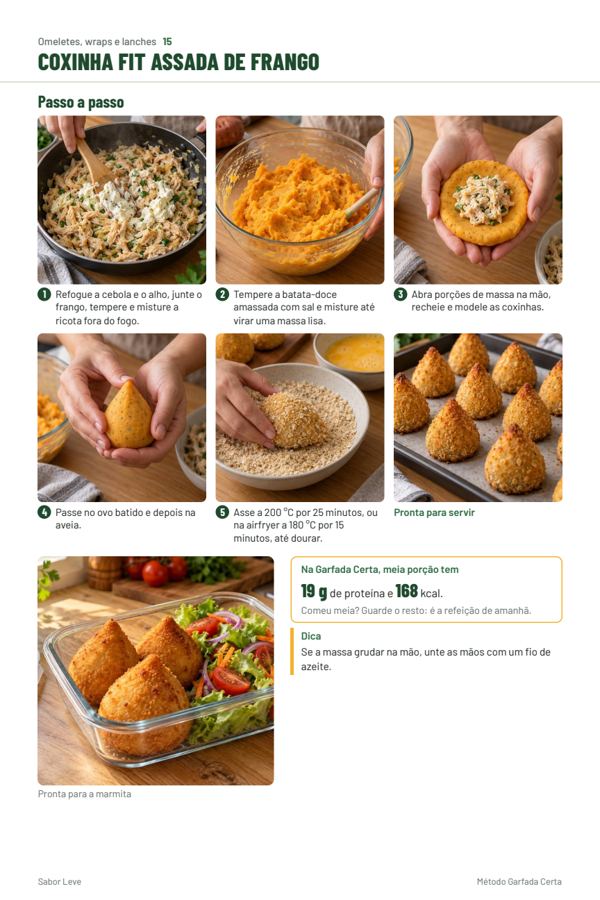 Página de passo a passo da coxinha, com seis fotos numeradas e a versão na marmita